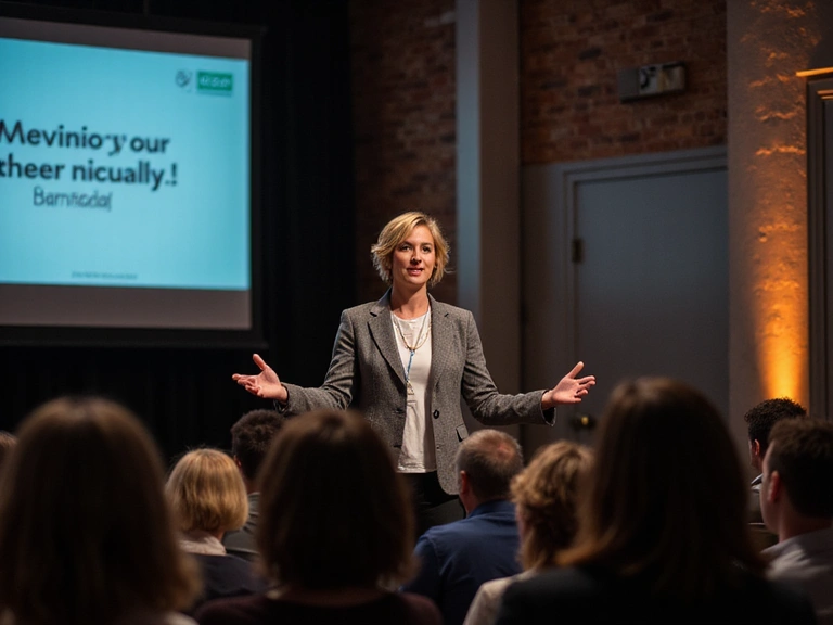 Nutritionist speaking at a wellness event, engaging with an audience
