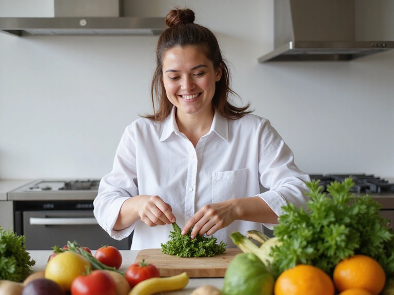Nutritionist preparing healthy food in a clean kitchen setting