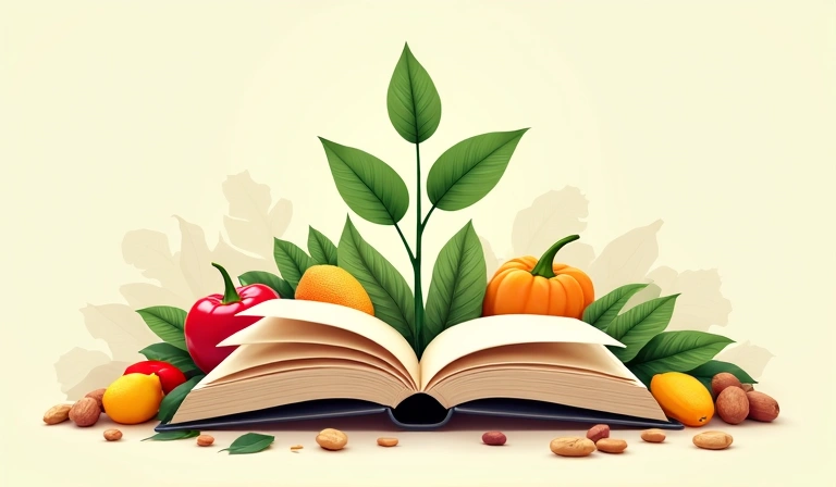 An artistic representation of knowledge and growth: an open book with leaves growing out of its pages, surrounded by healthy food items like fruits, vegetables, and nuts. The image uses soft, inviting colors and has no text, letters, or inscriptions.