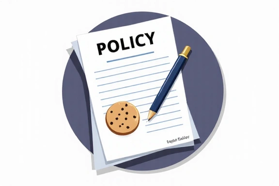 Illustration of a document with a cookie icon and a pen, symbolizing policy updates and changes.