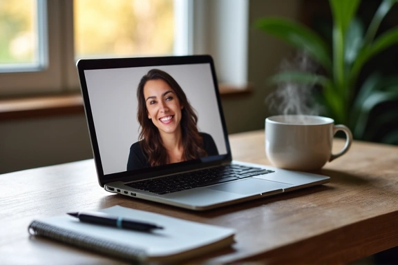 A calm, inviting image of a virtual consultation setup with a laptop showing a friendly face, a notebook, and a cup of herbal tea.
