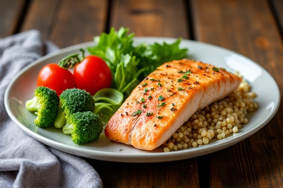 A beautifully arranged, healthy meal on a wooden table, featuring fresh vegetables, lean protein, and whole grains.