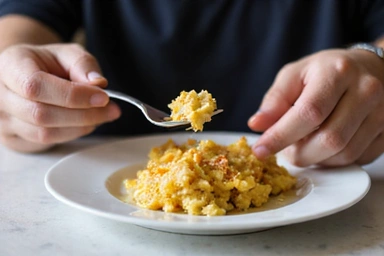A person enjoying a meal mindfully, focusing on the food